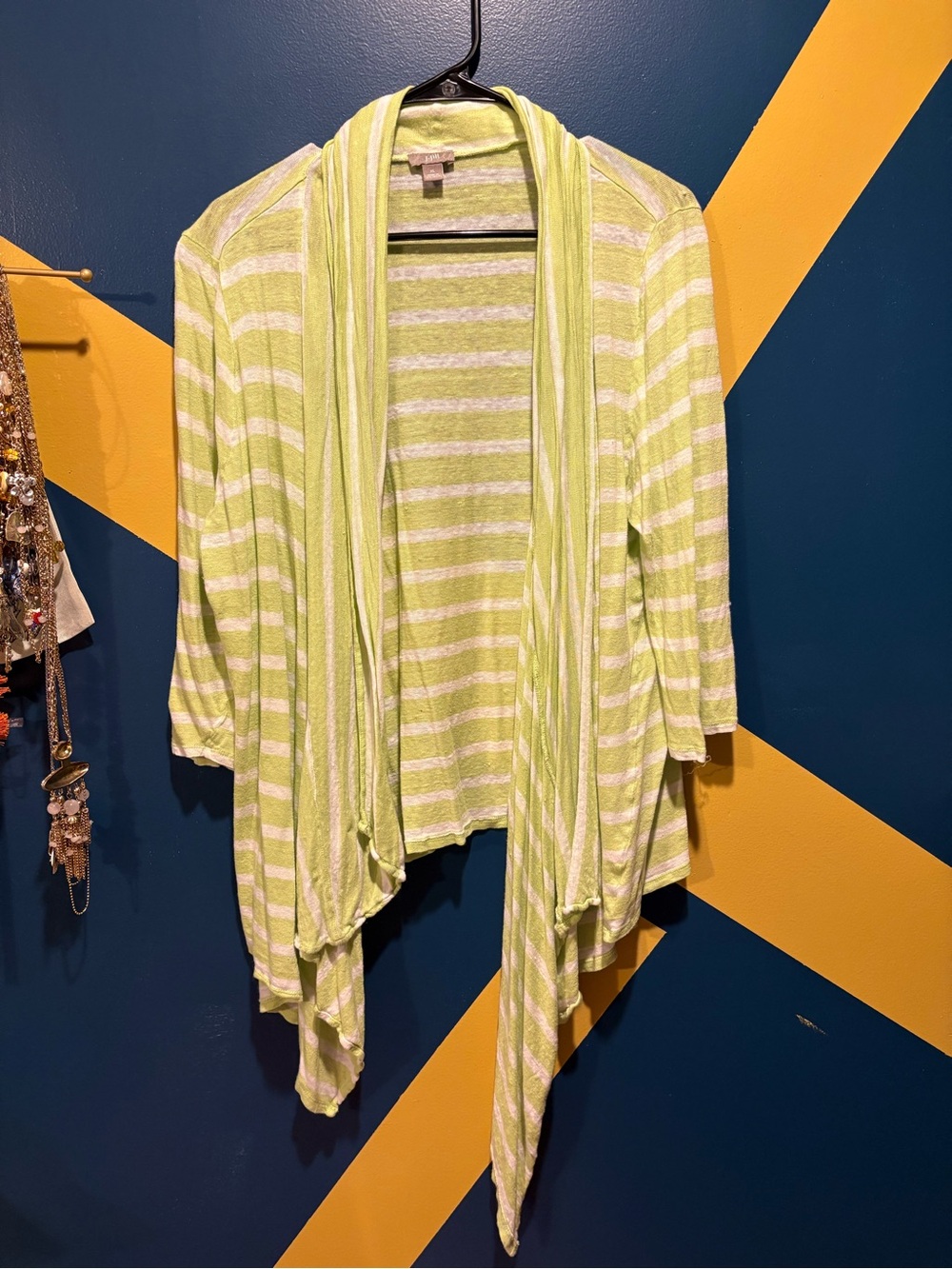 J. Jill Lime Green & White Striped 3/4 Sleeve Asymmetrical Linen Cardigan